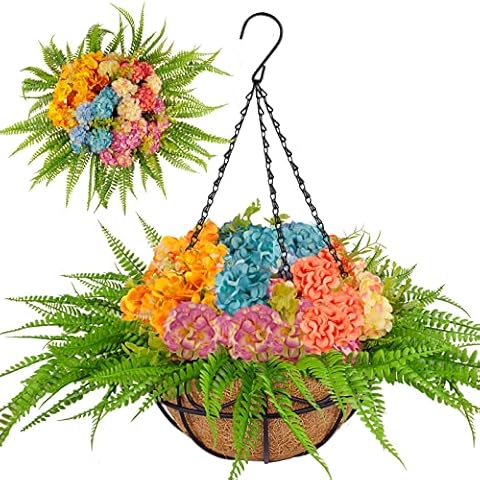 Shyshining Artificial Hanging Flowers with Basket,Fake Flowers Plant Hanger UV Resistant, Faux Plastic Greenery Hydrangea Flowers for Outdoor Indoor Garden Porch Home Decor (Hanging Flowers) Cover