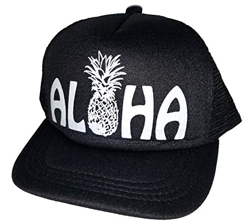 Toddler Kid's Aloha Pineapple Hawaii Beach Summer Mesh Trucker Hat Cap Snapback (Black/White)