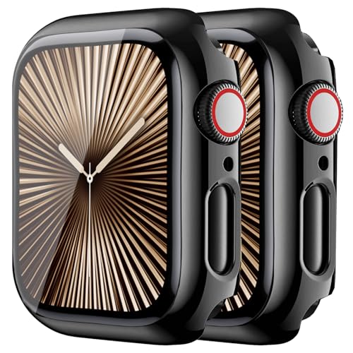 Image of HANKN 2 Pack Hard Plated Case for Apple Watch Series 11 10 46mm Tempered Glass Screen Protector Case, Overall Protective Cover Shockproof Ultra-thin Iwatch Bumper (Black+Black, 46mm)