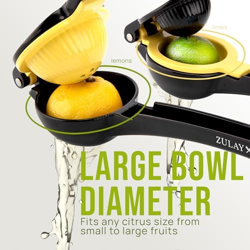 Zulay Kitchen Metal 2-in-1 Lemon Squeezer - Sturdy Max Extraction Hand Juicer Lemon Squeezer Gets Every Last Drop - Easy to Clean Manual Citrus Juicer - Easy-Use Lemon Juicer Squeezer - Black/Yellow - 1