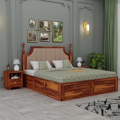 Image of Sheesham Wood King Size Bed with Storage | Solid Rosewood Double Bed for Bedroom | Wooden Palang with Box Storage | Cot Bed Furniture | Classic Bed Honey Finish | 78x72x41 Inch