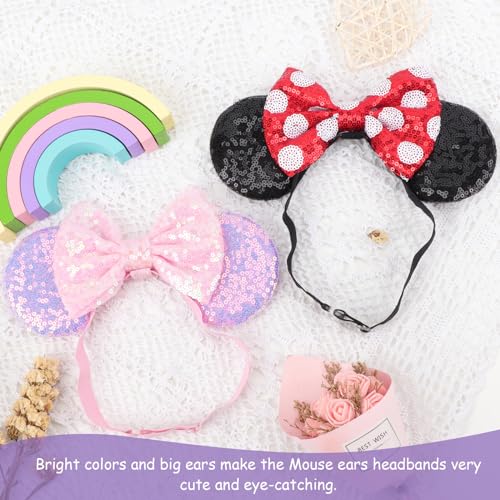 Image of DRESHOW Minnie Ears Headbands Mouse Ears Sequin Bow Headbands Elastic Adjustable Headband Glitter Party Decoration Cosplay Costume for Women