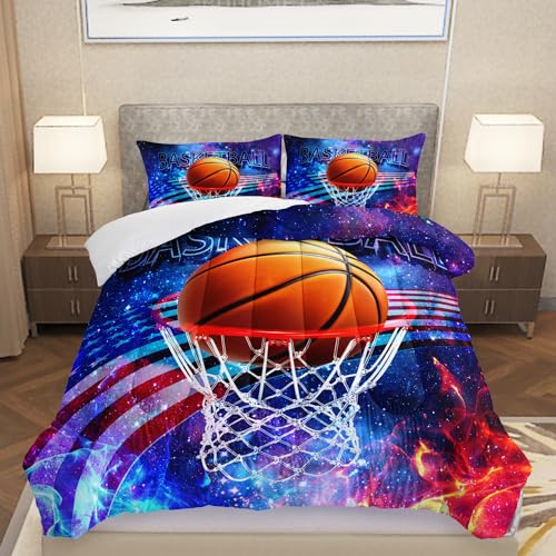 AILONEN 3D Basketball Comforter Set Queen Size, Fire Galaxy Soccer Ball Boys Bedding Set,American Flag Bed in a Bag,Basketball Frames Duvet Set,1 Quilt and 2 Pillowcases,3 PCS,Soft Microfiber