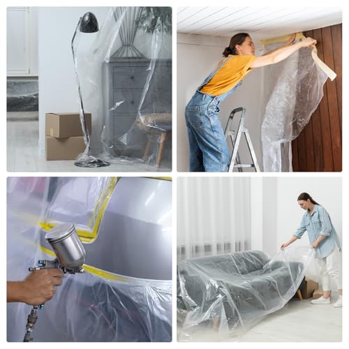 Image of HARFINGTON 6 Rolls Pre-Taped Masking Film 15.7 inch x65.6ft Tape and Drape Painters Plastic Drop Cloth Film with Tape Plastic Sheeting for Automotive Painting Covering
