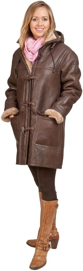 Women's Brown Long Winter Hooded Real Shearling Sheepskin Leather Duffle Coat - Image 2