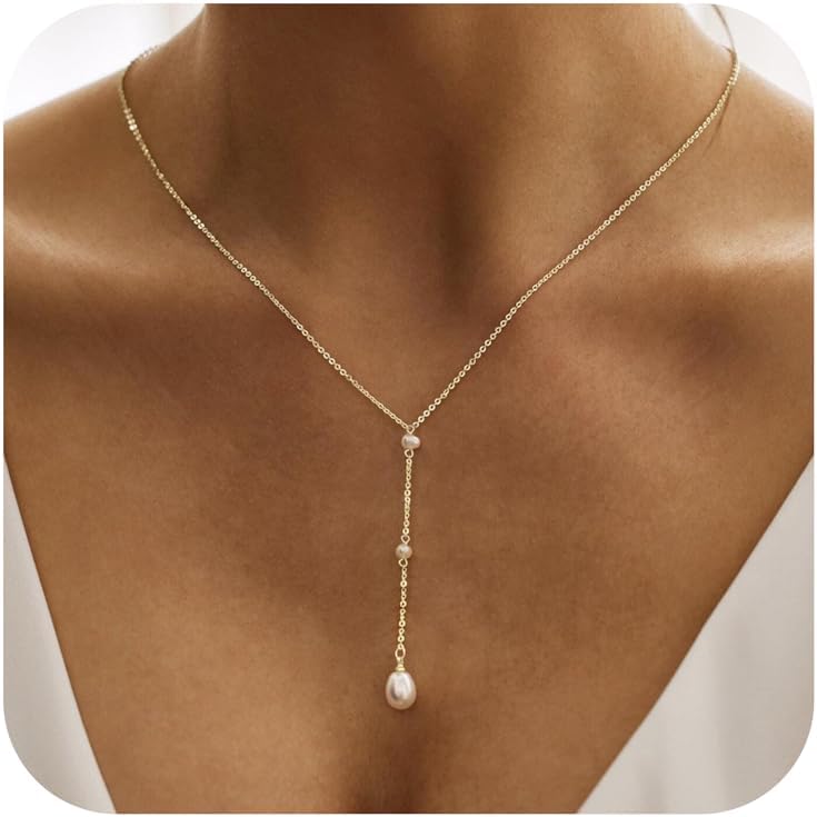 Pearl Necklace for Women Trendy,14k Gold Plated Necklace Dainty Wedding Necklace Small Cute Choker Necklace Beaded Lariat Drop Necklace Vintage Waterproof Jewelry for Women Gold Jewelry Fashion Gifts