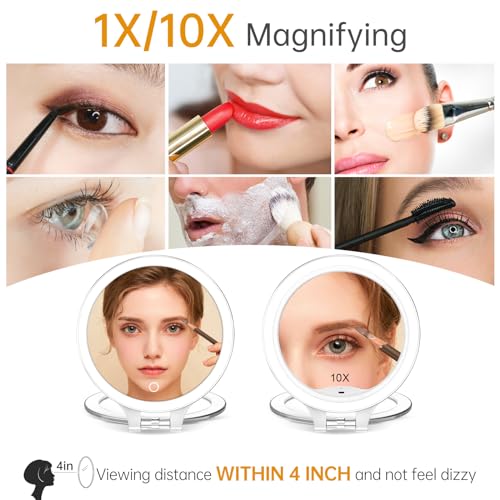 Rechargeable-Magnifying-Makeup-Mirror-10X1X-Double-Sided-Lighted-Travel-Makeup-Mirror-with-3-Color-Light-Adjustable-Rotation-LED-Vanity-Tabletop-Portable-Desk-Cosmetic-Foldable-Mirror-No-Bag