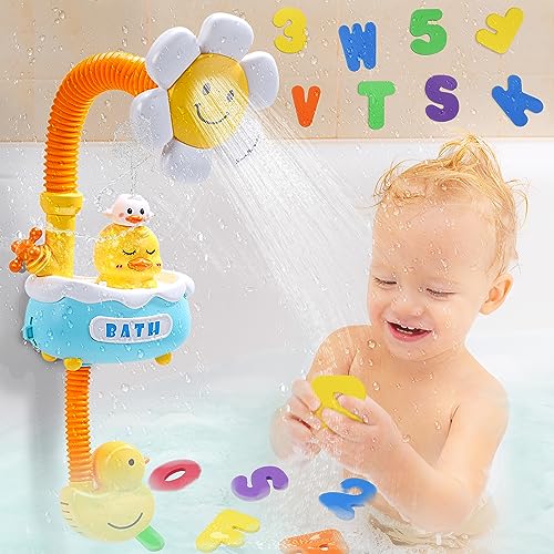 Image of CUTE STONE Bath Toy Bathtub Toy with Electric Shower and 36 Foam Bath Letters and Numbers, Bath Toy Organizer Mesh Net for Toddlers, Kids and Babies