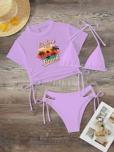 Image of Sexybody Women's 3 Piece Swimsuit Halter String Bikini Tie Side Mesh Short Sleeve Bathing Suits