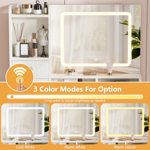 image for Furologee Vanity Desk with LED Lights Mirror and Power Outlets, Small 