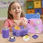 Preppy Lunch Box for Girls with 10oz Thermo, with 6 Compartment Bento Box, Purple Nylon Insulated Lunch Bag Adjustable Strap for Girl Kids Teens School Travel Picnic - Image 3