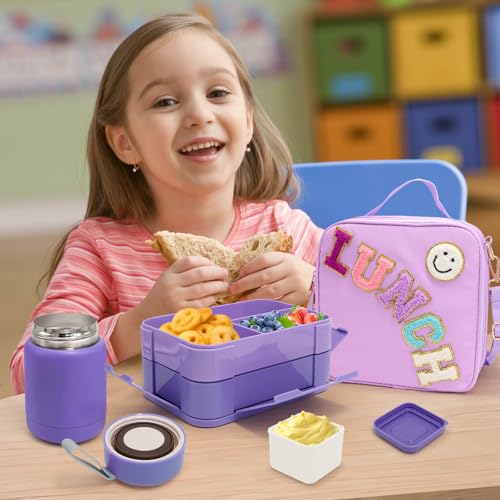 Preppy Lunch Box for Girls with 10oz Thermo, with 6 Compartment Bento Box, Purple Nylon Insulated Lunch Bag Adjustable Strap for Girl Kids Teens School Travel Picnic - Image 4