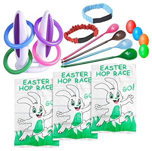 iGeeKid Easter Outdoor Party Games for Kid Family, School Carnival Game 4 Bunny Potato Sack Race Bag, Egg and Spoon Relay Race, 2 3-Legged Band, 1 Ear Ring Toss Game