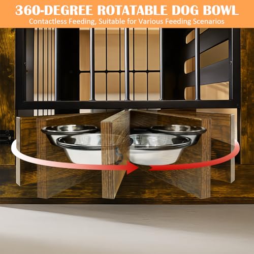 Dog Crate Furniture for Small Medium Dogs, Heavy Duty Wood Metal Indoor Dog Kennel with Bowls, Decorative Pet Cage Dog House as TV Stand, Brown - Image 7