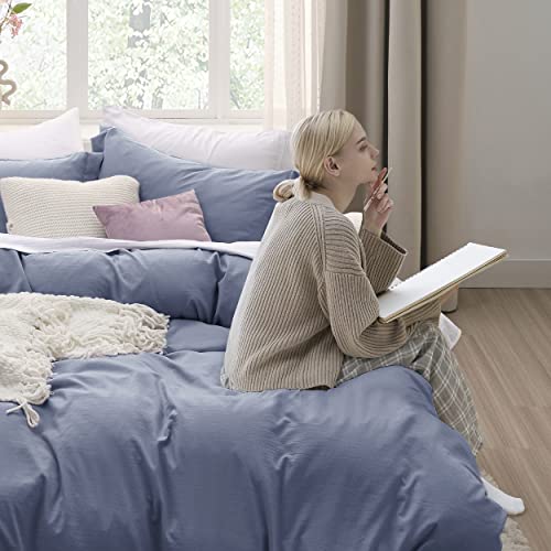 image for Bedsure Slate Blue Duvet Cover King Size - 3 Pieces Prewashed Cotton-L