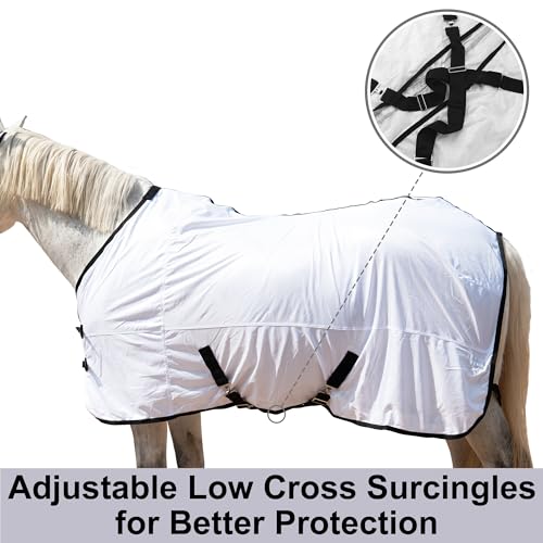 Image of Horse Fly Sheet Lining, Mesh Equine Sheets Fly Rug, UV Protection | Breathable Mesh Fly Sheets for Horse, Equine Summer Sheets, Bug Mosquito FlySheet for Stable, Pasture, Barn (75 inch, White)