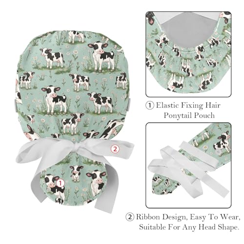 Image of 2 PCS Bouffant Cap with Button Ponytail Pouch Working Cap Sweatband Adjustable Surgical Cap Black and White Cow