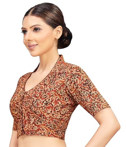 Image of Studio Shringaar Women Cotton Kalamkari Printed with Elbow Length Sleeves Readymade Saree Blouse