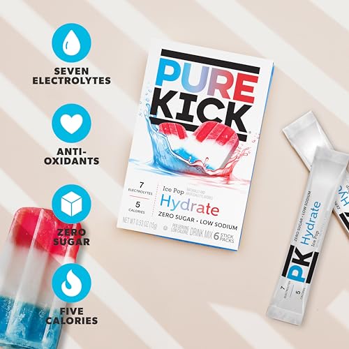 Image of Pure Kick Hydration Singles To Go Drink Mix, Ice Pop, Includes 12 Boxes with 6 Packets in each Box, 72 Total Packets