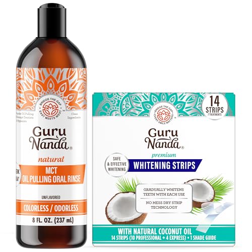GuruNanda Smile Oral Care Kit – MCT Oil Pulling Mouthwash with Fractionated Coconut Oil & 7-Day Teeth Whitening Strips for Gentle Care, Fresh Breath & Oral Wellness
