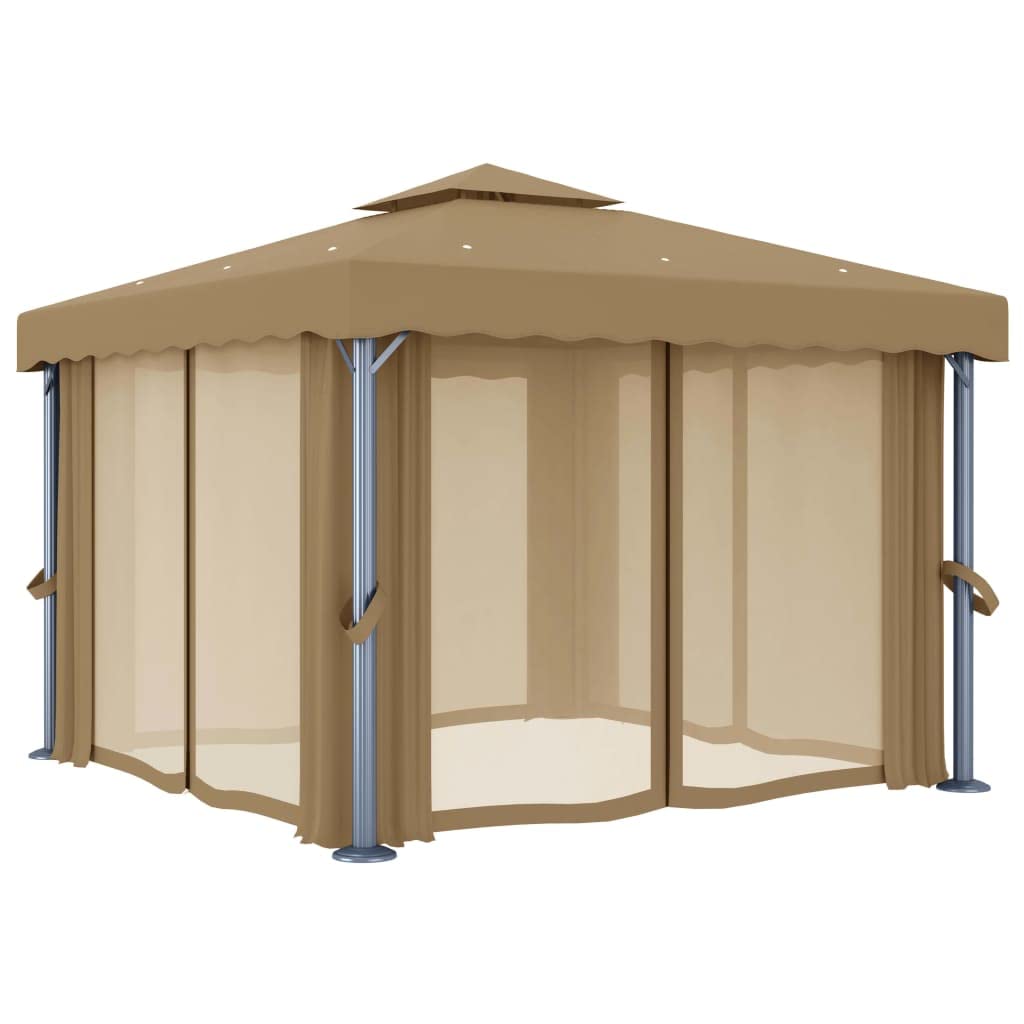 Pawilon ogrodowy 3 x 3 m, kolor taupe z aluminiową ramą, tkanina poliestrowa, podwójny dach, zasłony i moskitiera na imprezę w ogrodzie, taras, grillowanie, wesele, kemping