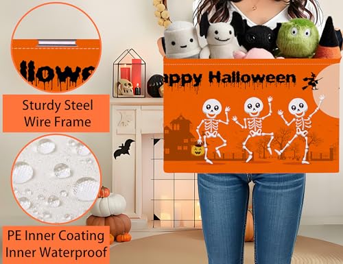 Image of Large Halloween Themed Candy Gift Boo Basket for Kids Baby Personalized Adults Storage Bin Fall Decor(Orange Dance Skeleton)