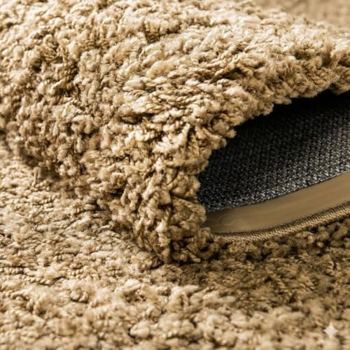Image of Shaggy Polyester Microfiber Round Rug Carpet for Living Room | Ultra Soft Fluffy Plush Area Rug | Anti-Skid Non-Slip Backing | Washable Carpet for Bedroom- (3x3 feet, Ring Gold, Round)