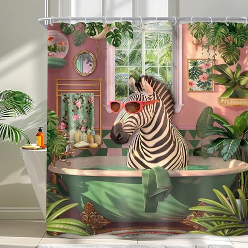 Newsely Lustiger Duschvorhang mit Zebramuster, 152,4 cm B x 183,9 cm L, lustiges wildes Tier in der Badewanne, witzig, cool, modern, tropische grüne Blätter, Pflanze, Sommer, Badezimmer-Set