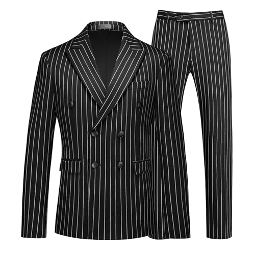 MOGU Mens Double Breasted Pinstripe Suit - 2 Piece Slim Fit Vintage Tuxedo for Groomsmen, Wedding, Prom