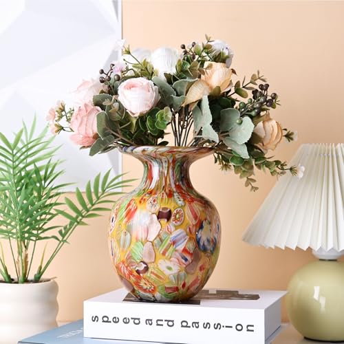 Yellow Orange Round Glass Vase,Modern Art Sea Glass Decor with Colorful Petal Decorative for Home Decor,Hand Blown Stained Vase for Flowers Living Room Dining Tabletop Centerpiece Office Decor - Image 5