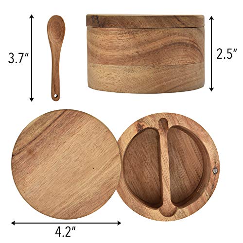 Acacia Wood Salt And Pepper Cellar With Swivel Magnetic Lid Serving Spoon Inside 2-Compartment For Storing Salt,Herbs,Spices #TOP1