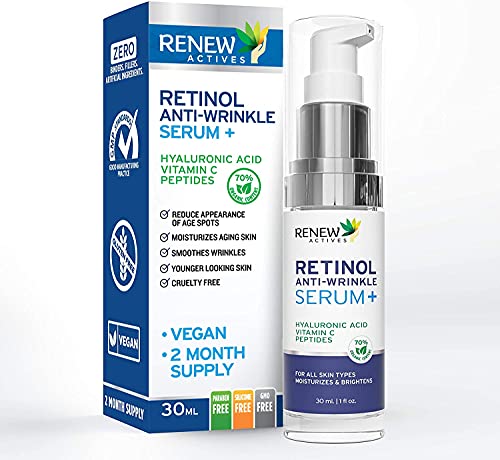 Renew Actives Retinol Serum for Face: Pure 1% Retinol Serum with Hyaluronic Acid, Vitamin C, Peptides - Anti Wrinkle and Anti Aging Facial Serum - 70% Organic Skin Care Products - 30mL / 1 Fl Oz