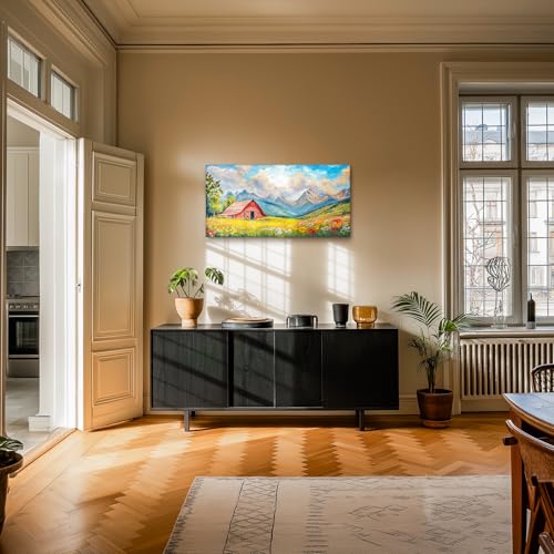 crmotu Mountain Barn Large Wall Art, Rustic Farmhouse Wall Decor, Nature Landscape Art Prints, Colorful Wildflowers Canvas Paintings, Bright Pictures for Living Room Bedroom Kitchen 20x40 Inch