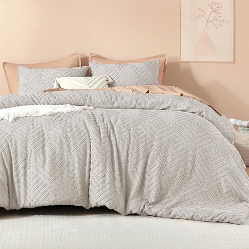 Image of Litanika Super King Comforter Linen Grey, 3 Pieces Tufted Boho Farmhouse Bedding Comforter Set, Lightweight Fluffy All Season Comforter Set (120x120In Comforter & 2 Pillowcases)