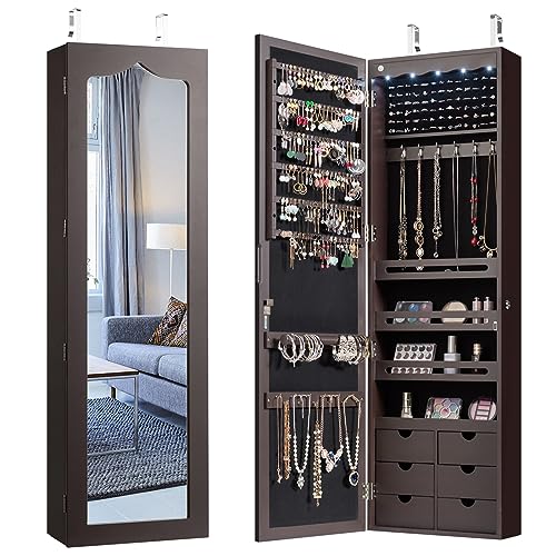 COSTWAY Armadio Specchio Portagioie da Parete e Porta, Specchiera Portagioielli con 5 Luci LED e 6 Cassettiera, con Serratura, Organizer Porta Gioie, Regali per Lei (Marrone)
