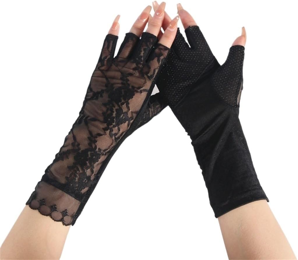 Women's Thin Mid-Length Driving Riding Outdoor Ice Silk Summer Lace Half-Finger Gloves, 21.5*8cm