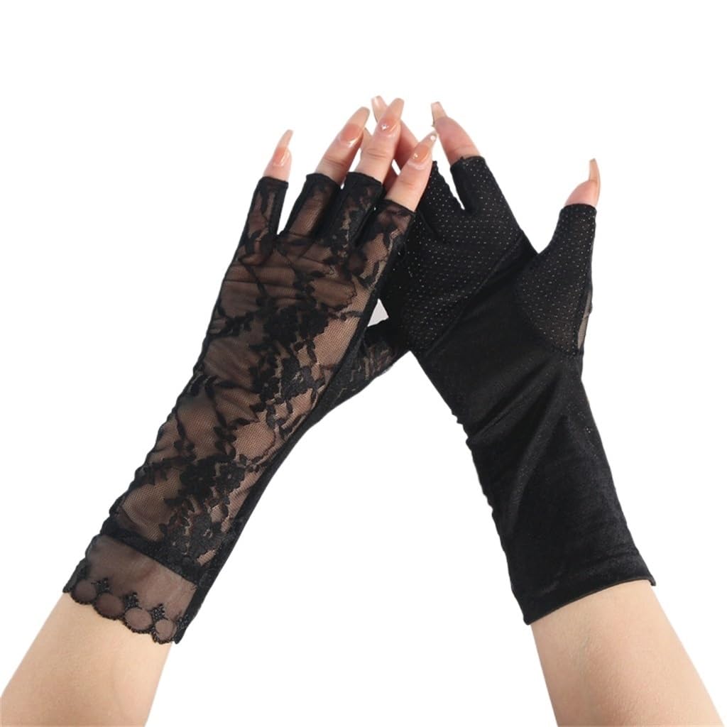 Women's Thin Mid-length Driving Riding Outdoor Ice Silk Lace Half-finger Gloves