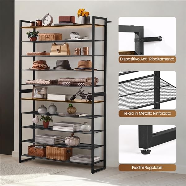 Yaheetech Scarpiera a 10 Livelli Grande Scaffale Portascarpe Impilabile Design 2-in-1 Fino a 50 Paia di Scarpe, Scaffale Versatile in Metallo per Ingresso Soggiorno Camera da Letto, 100x28,5x166,5 cm