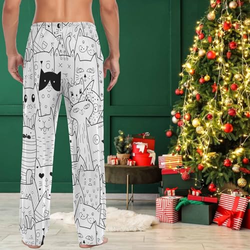 visesunny Mens Pajama Pants Funny Black White Cat Animal Doodle 100% Cotton Lightweight Soft Pajama Bottoms Lounge Sleepwear4