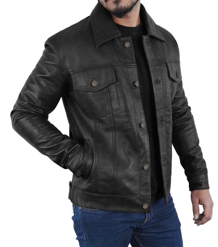 LP-FACON Mens Trucker Leather Jacket - Western Cowboy Leather Outerwear Jacket2