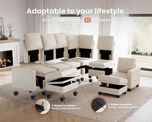 Image of CHIC HOUSE Middle Module for Modular Couch, Corduroy Customizable Chaise, Storage Ottoman for Sectional Sofa, Armrest, Single /Double Seater