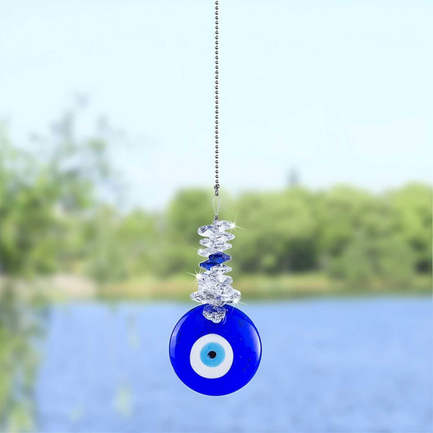 Belacasa 1Pc Evil Eye Blue Glass Evil Eye Butterfly Angel Sunflower Talisman Crystal Sun Catcher Pendant Handmade Good Luck Charm, Office, Car Decoration, Blessing Ornament (1Pc Evil Eye)