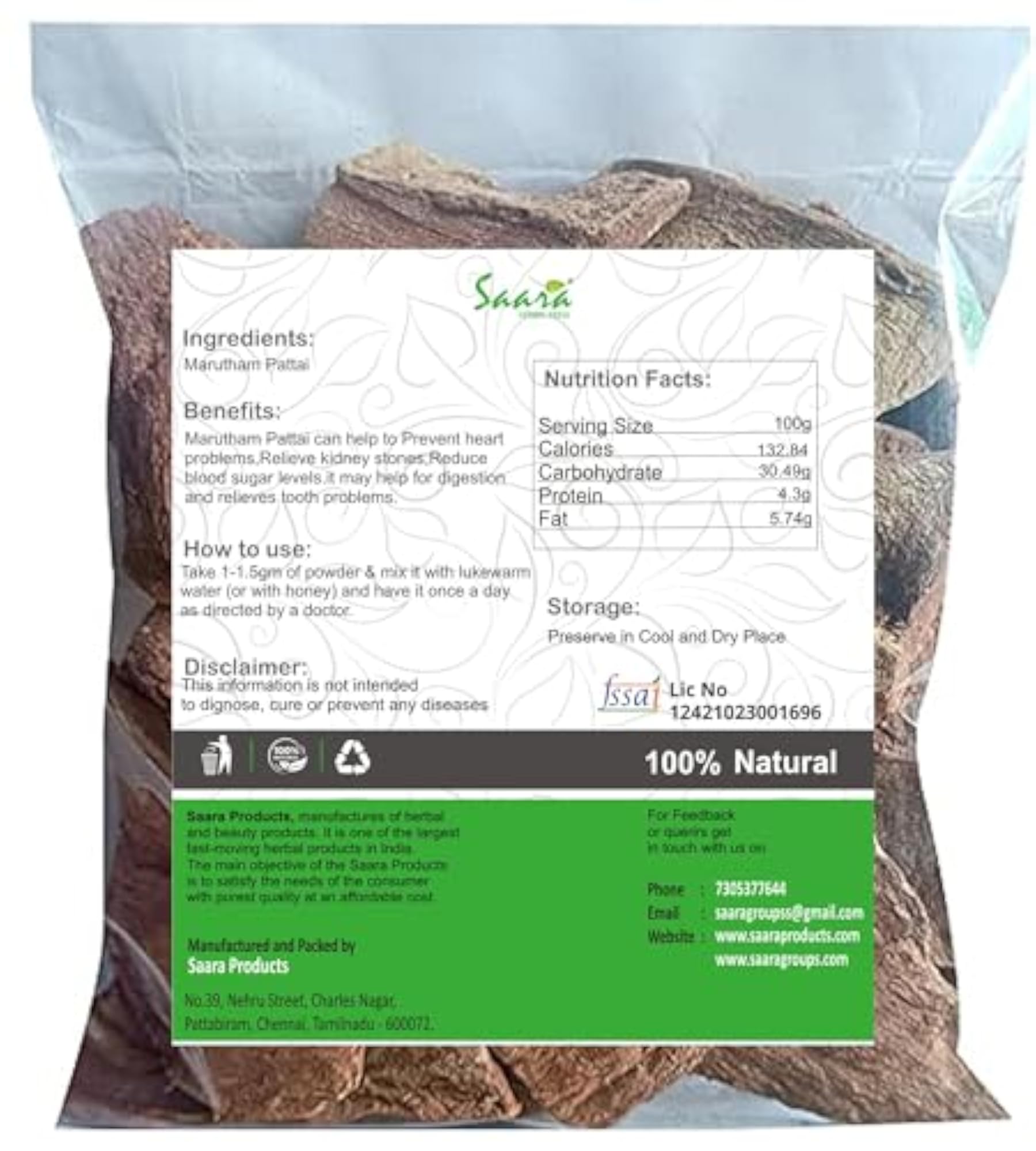 Saara HERBAL FRESH Marutham Pattai, 400g Terminalia Arjuna Bark