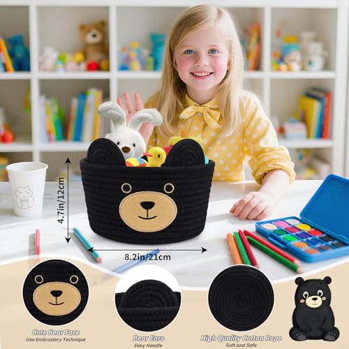 Image of Cute Black Bear Basket for Nursery- Small Animal Gift Basket,Soft Woven Rope Cotton Storage, Shower Baby Towel 0rganizer with Bear Ears, Candy Blanket Towel Decor Storage Bin, 8.2 inchD x 4.7 inchH IN