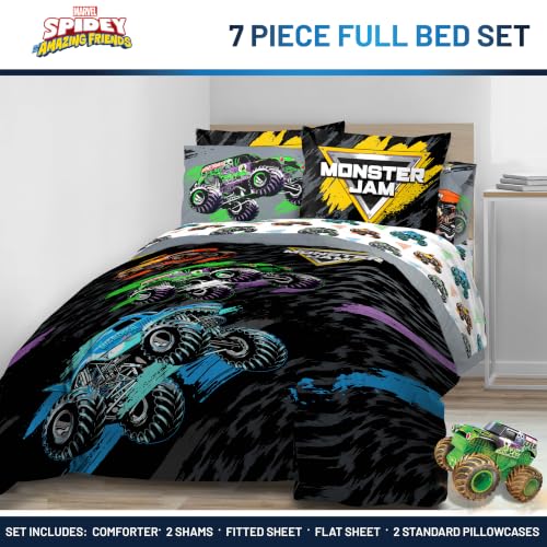 Image of Monster Jam Trucks Full Size Comforter Set 7 Piece Kids Bedding, Black | Grave Digger Megalodon, Comforter Sheets Shams Pillowcases, Official Product, Soft Microfiber, Machine Washable, Boys Gift