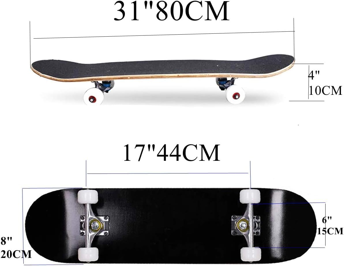 skateboards for beginners kids boys girls and adults 31"x8" pro complete skateboard 8 layers maple wood, double kick concave, fascinating cool, solid&durable black
