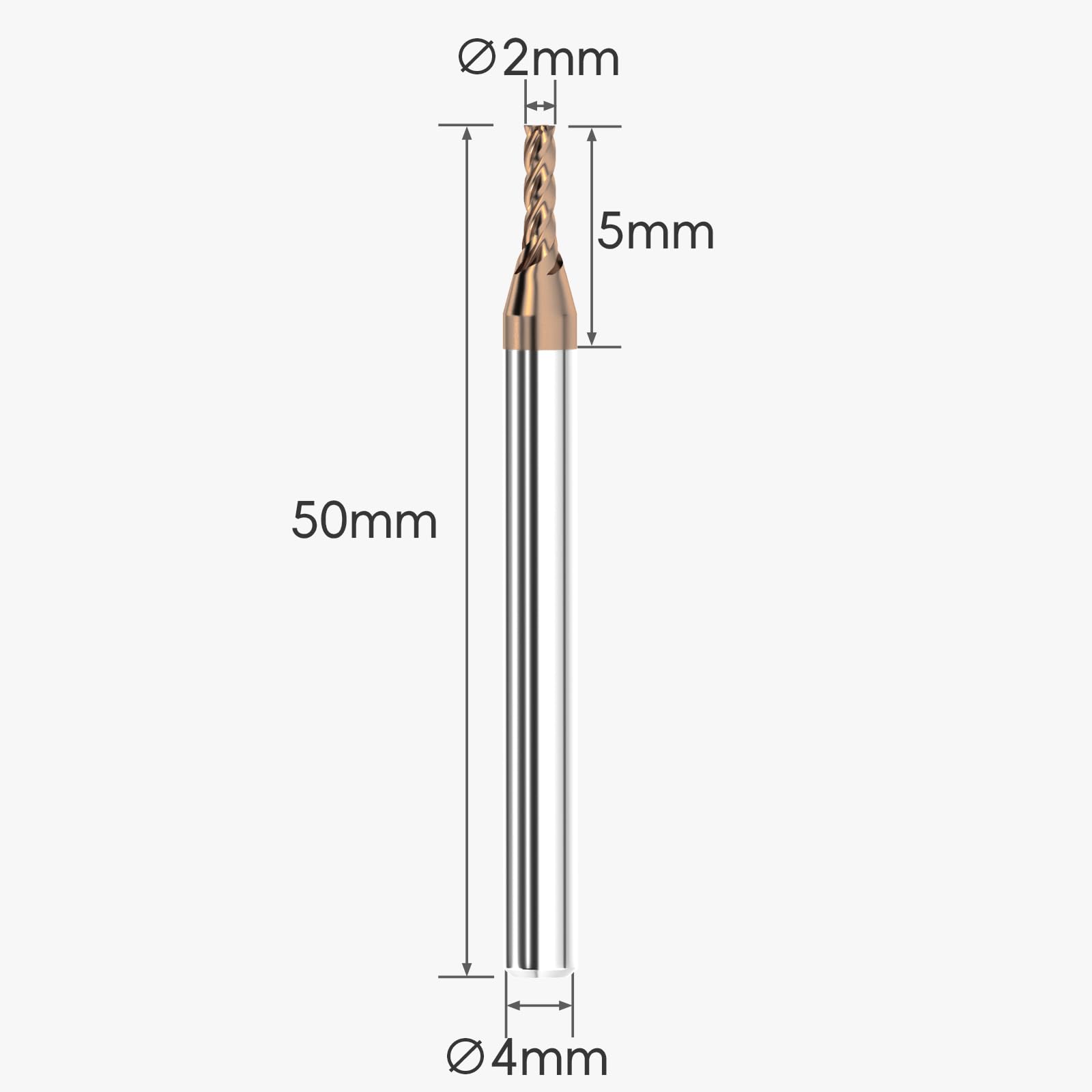 Lot de 3 fresas con mango de carburo de tungsteno, fresa cuadrada de 2 mm, revestimiento AlTiN, 4 cuchillas helicoidales CNC de carburo cementado - Longitud de la cuchilla: 5 mm - Longitud