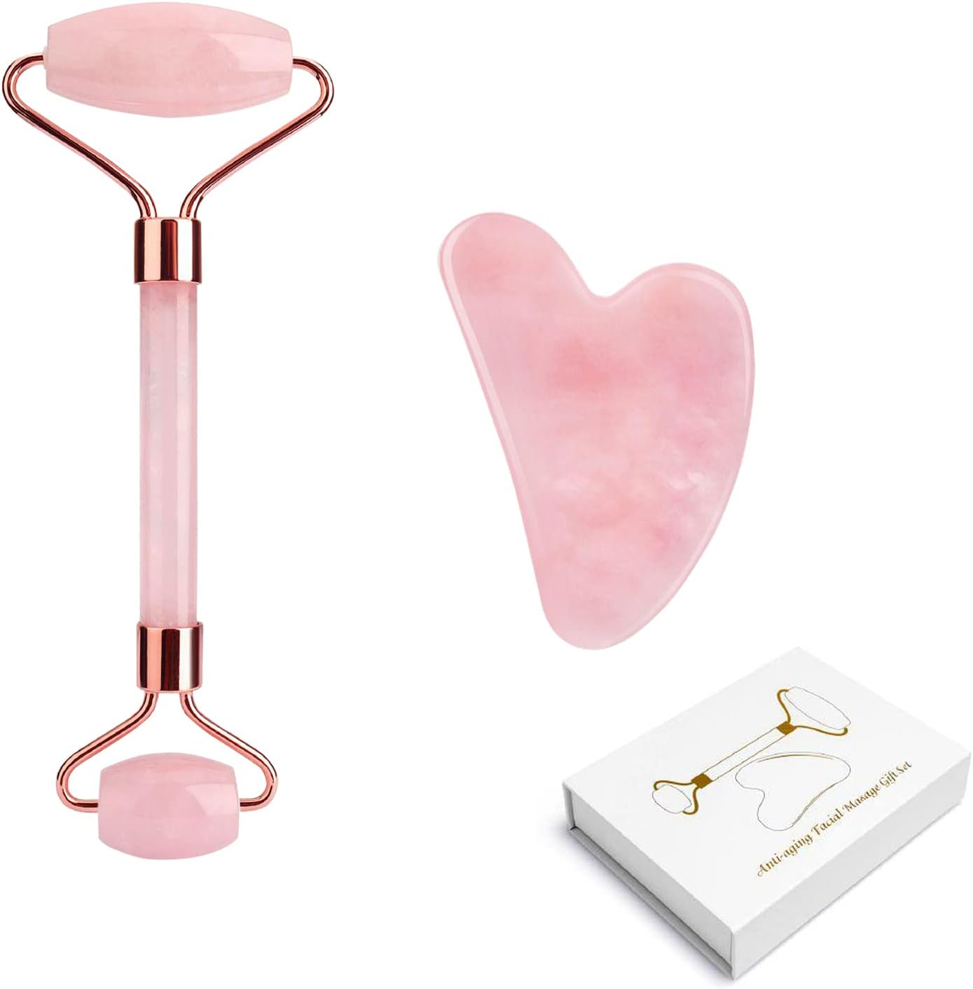 Advanced Jade Roller & Gua Sha Set，WAYPIN SION Jade Roller and Gua Sha Set for Face, Eyes, Skin Care, Rose Quartz (Pink)