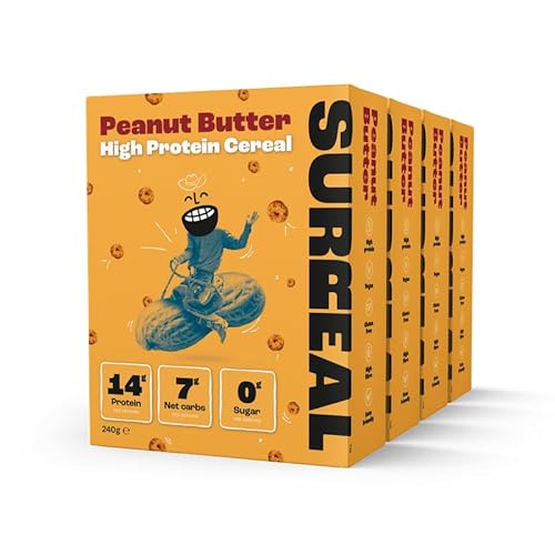 Surreal Peanut Butter - High Protein Cereal - Zero Sugar- Healthy Plant Based Cereal - High in Fibre - Low Carb - Gluten Free - Vegan - 14g of Protein, 0g of Sugar - 240g per Box - 4 Pack (4 x Peanut)
