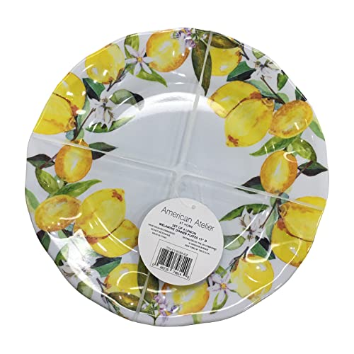 American Atelier Melamine Plates Set, 11” Dinner Plates For Everyday Use, Break Resistant, Lightweight, Dinnerware For Indoors And Outdoors, Dishes For Party, Camping, Rving, Set Of 4, Lemon Print #TOP1